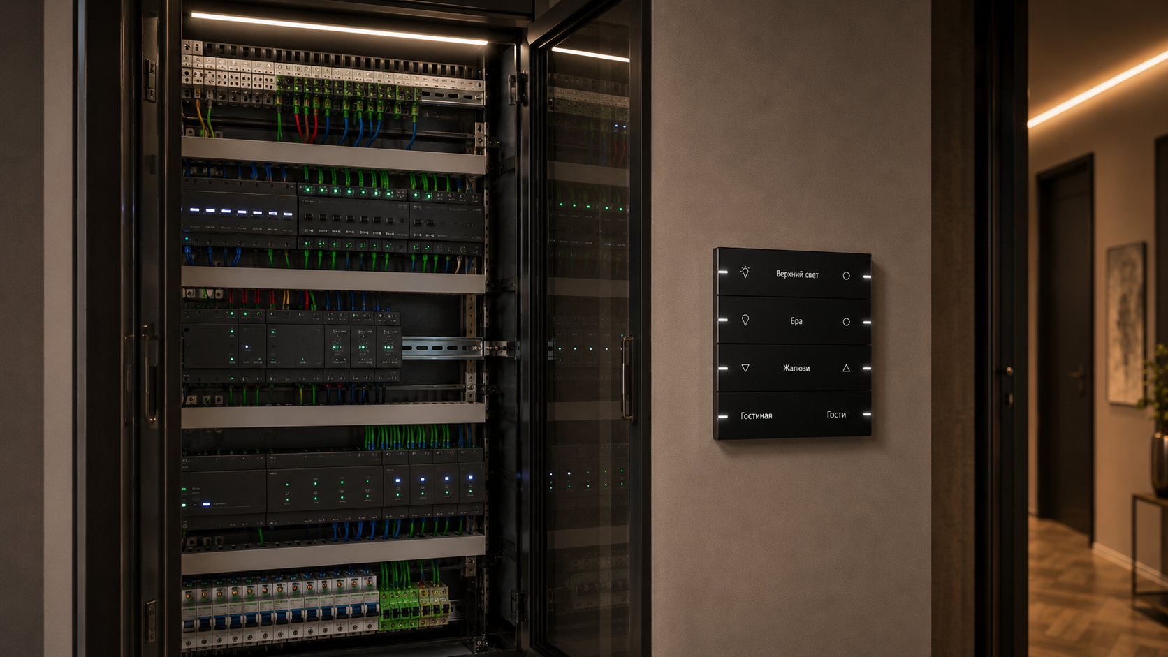 og-source.png Электрощит с KNX-модулями и сенсорной панелью управления умным домом в интерьере квартиры